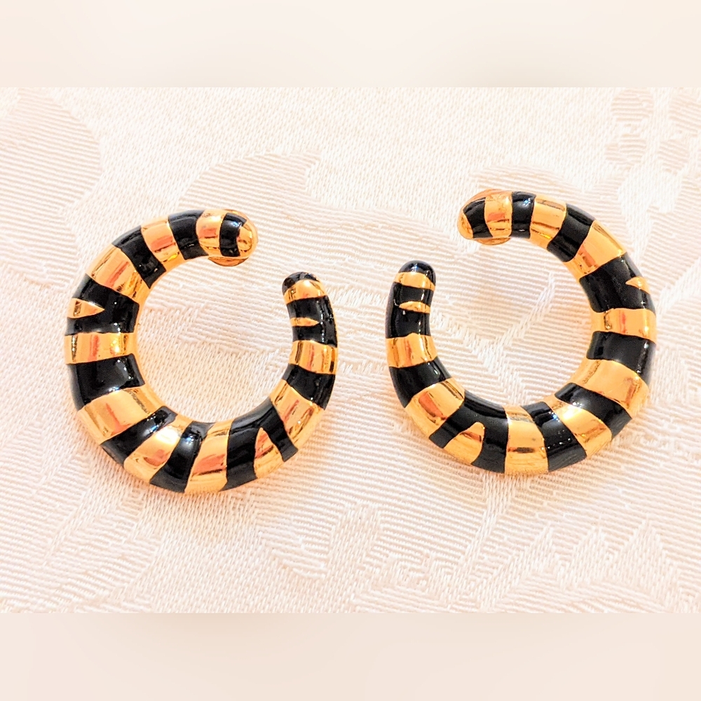Gold & Black Enamel Semi Hoop Earrings Egyptian designer Luxury Costume